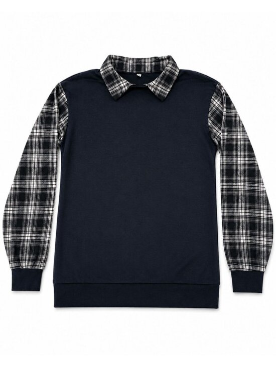 Unbranded Tops - Women's Navy Blue Plaid Sleeve Sweater XXL Collared Layered Look Pullover Top